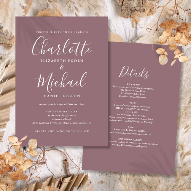 Invitation Tout en un élégant script moderne Mariage Mauve (All In One Elegant Modern Script Mauve Wedding Invitation)