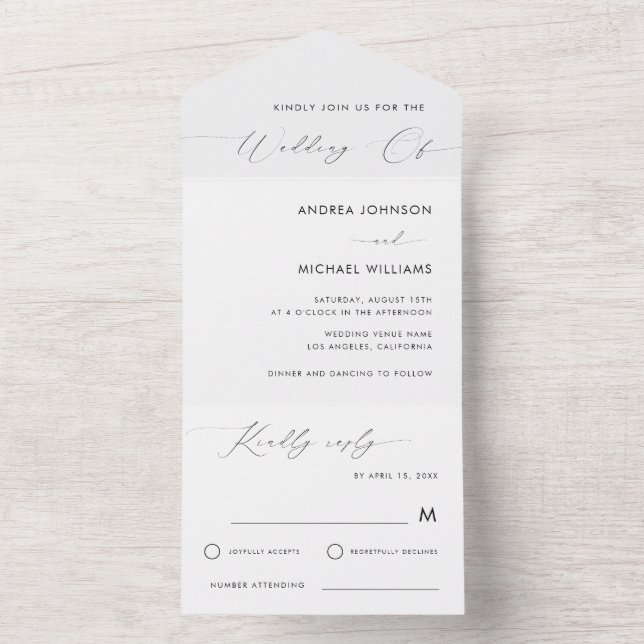 Invitation Tout En Un Élégant script moderne minimaliste Mariage blanc (À l'intérieur)