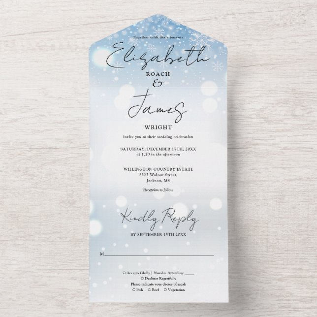 Invitation Tout En Un Élégant Script Snowflakes Mariage d'hiver (À l'intérieur)