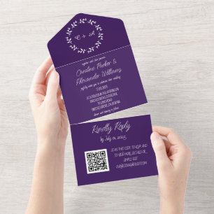 Invitation Tout En Un Élégant script violet unique moderne RSVP QR Code 
