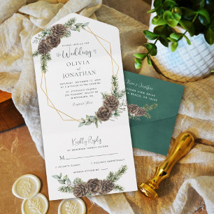 Invitation Tout En Un Élégant Script Winter Greenery Pine Cone Mariage