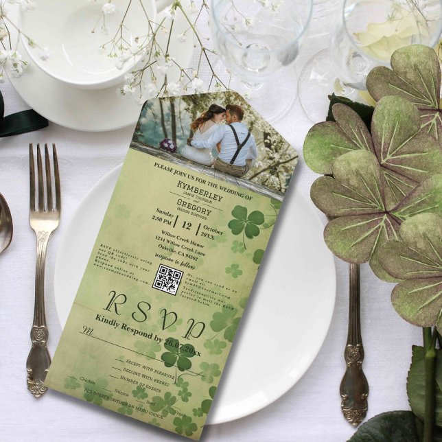 Invitation Tout En Un Elégant Shamrock Clover Irish Celtic Photo QR Code (Créateur téléchargé)