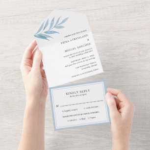 Invitation Tout En Un Elégant simple Eucalyptus Dusty Mariage bleu