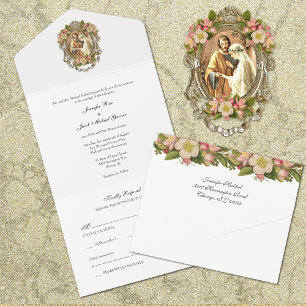 Invitation Tout En Un Élégant simple or catholique Mariage floral