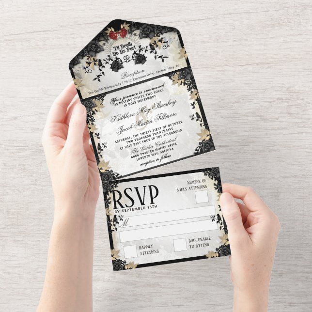 Invitation Tout En Un Elégant Skeletons Rose noir Halloween (Déchirure)