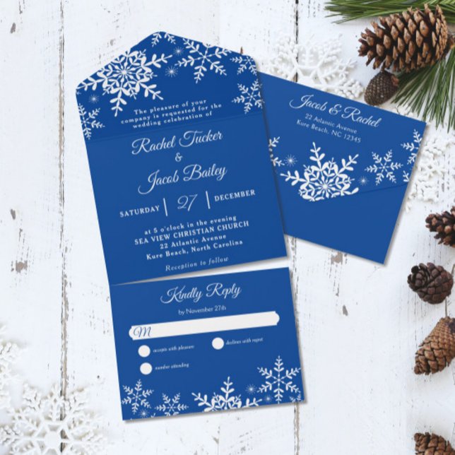 Invitation Tout En Un Élégant Snowflakes Deep Blue Winter Wedding (Créateur téléchargé)