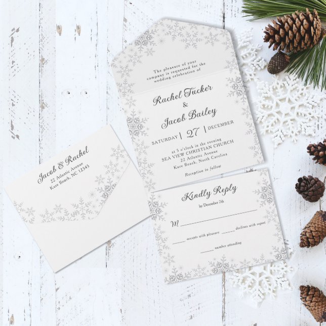 Invitation Tout En Un Élégant Snowflakes Frontière Blanc Mariage de Noël (Créateur téléchargé)