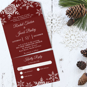 Invitation Tout En Un Élégant Snowflakes Rouge Noël Mariage d'hiver