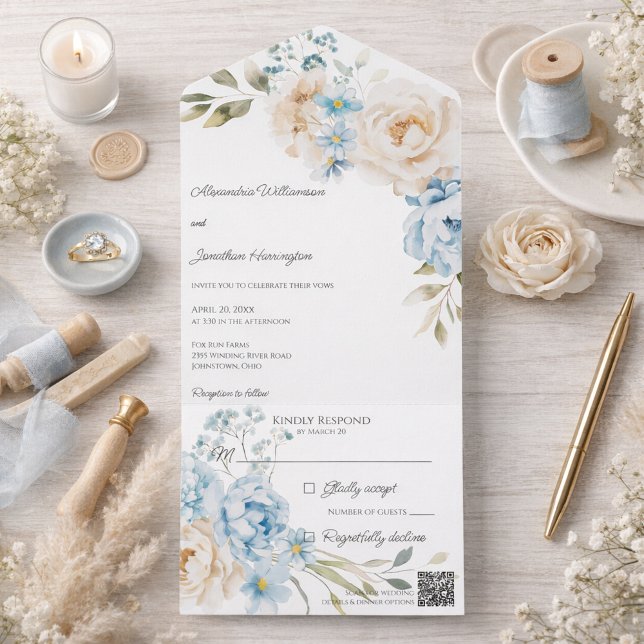 Invitation Tout En Un Elegant Soft Blue Floral Wedding (Créateur téléchargé)