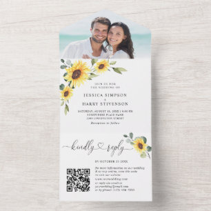 Invitation Tout En Un Elégant Sunflower Eucalyptus Mariage code QR