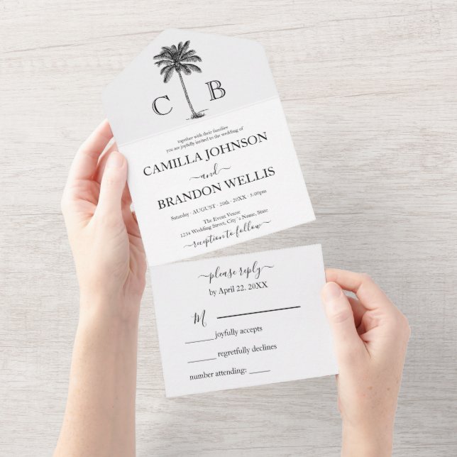 Invitation Tout En Un Elegant Tropical Palm Monograms Wedding (Déchirure)
