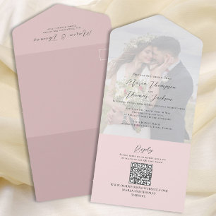 Invitation Tout En Un Élégant Vellum Photo Overlay Blush Rose   Code QR