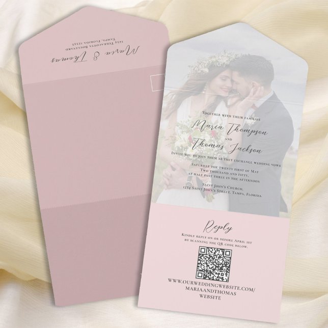 Invitation Tout En Un Élégant Vellum Photo Overlay Blush Rose | Code QR (Créateur téléchargé)