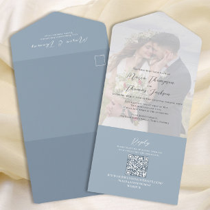 Invitation Tout En Un Élégant Vellum Photo Overlay Dusty Blue   Code QR
