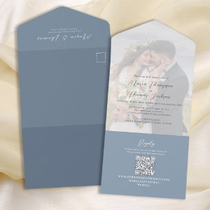 Invitation Tout En Un Élégant Vellum Photo Overlay Dusty Blue   Code QR