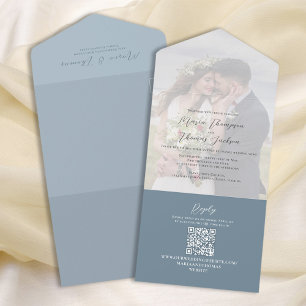 Invitation Tout En Un Élégant Vellum Photo Overlay Dusty Blue   Code QR