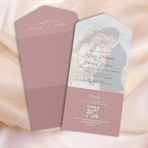 Invitation Tout En Un Élégant Vellum Photo Overlay Dusty Rose   Code QR