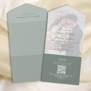 Invitation Tout En Un Élégant Vellum Photo Overlay Green   QR Code RSVP