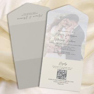 Invitation Tout En Un Élégant Vellum Photo Overlay Sage Green   Code QR