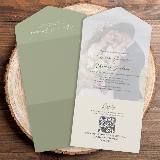 Invitation Tout En Un Élégant Vellum Photo Overlay Sage Green | Code QR (Créateur téléchargé)