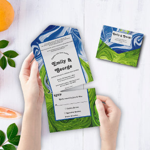 Invitation Tout En Un Elégant Vert bleu ciel paysage Mariage Abstrait
