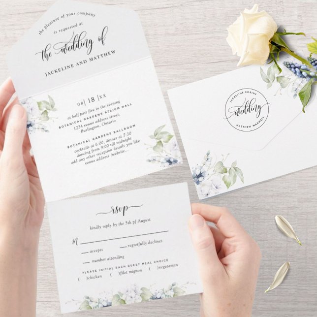 Invitation Tout En Un Elégant vert et blanc, bleu floral (Créateur téléchargé)