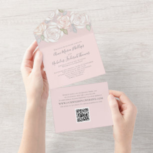 Invitation Tout En Un Elégant vert moderne Aquarelle Floral QR Code