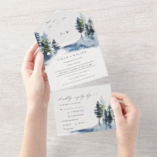 Invitation Tout En Un Élégant Vert Pine Bleu Bois Mariage des oiseaux fo
