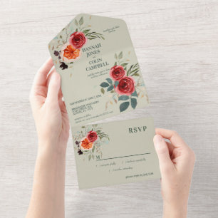 Invitation Tout En Un Élégant Vintage Bohème Rouge Orange Gris