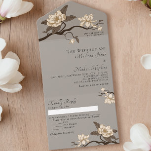 Invitation Tout En Un Élégant Vintage minimal gris Magnolia Mariage