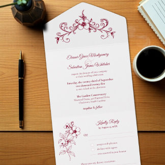 Invitation Tout En Un Élégant Vintage Romance Bourgogne Floral Mariage
