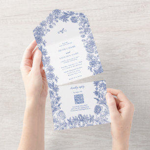 Invitation Tout En Un Élégant Vintage Rustique Français Bleu Mariage Flo