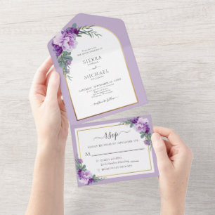 Invitation Tout En Un Elégant violet or Floral Foliage Mariage Arch