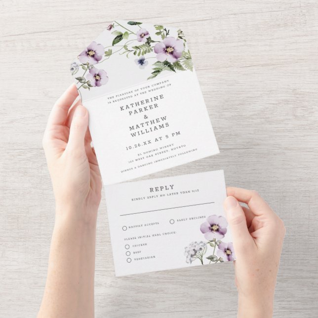 Invitation Tout En Un Élégant violet Pansy Floral Mariage (Déchirure)