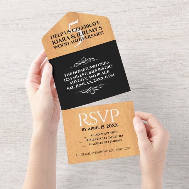 Invitation Tout En Un Élégante 5ème anniversaire de Mariage de bois (Déchirure)