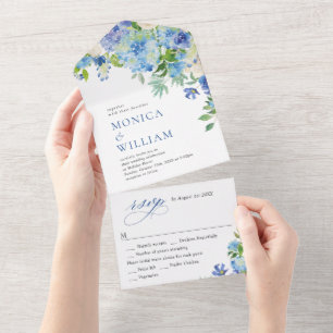 Invitation Tout En Un Elégante aquarelle bleu Hydrangea Mariage floral