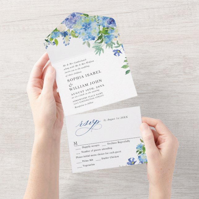 Invitation Tout En Un Elégante aquarelle bleu Hydrangea Mariage floral (Déchirure)