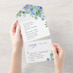 Invitation Tout En Un Elégante aquarelle bleu Hydrangea Mariage floral