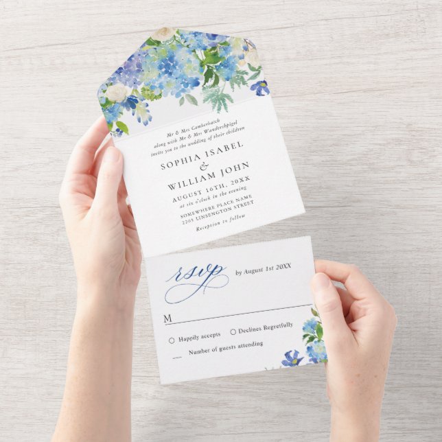 Invitation Tout En Un Elégante aquarelle bleu Hydrangea Mariage floral (Déchirure)