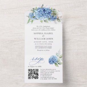 Invitation Tout En Un Elégante aquarelle bleu Hydrangea Mariage floral
