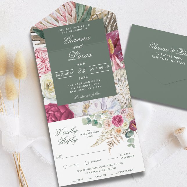 Invitation Tout En Un Elégante aquarelle Boho Mariage campagnard Floral  (Créateur téléchargé)
