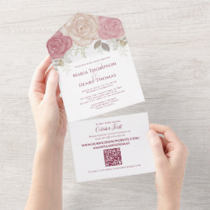 Invitation Tout En Un Elégante aquarelle Bourgogne Floral QR Code photo
