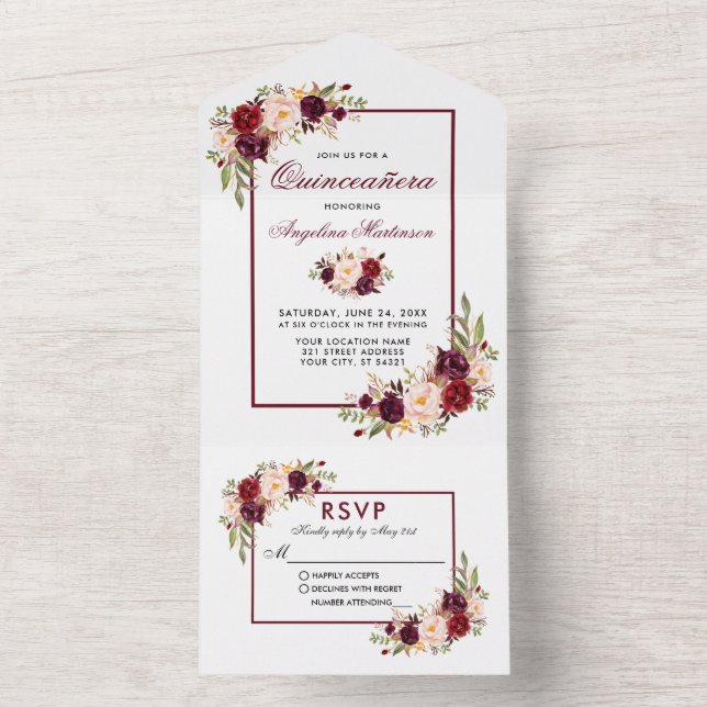 Invitation Tout En Un Elégante aquarelle Bourgogne Florale Quinceanera (À l'intérieur)