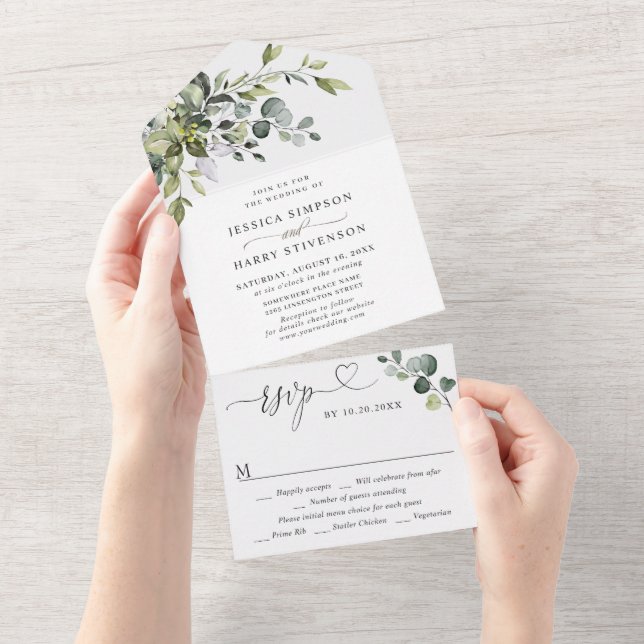 Invitation Tout En Un Elégante aquarelle Eucalyptus Mariage vert (Déchirure)