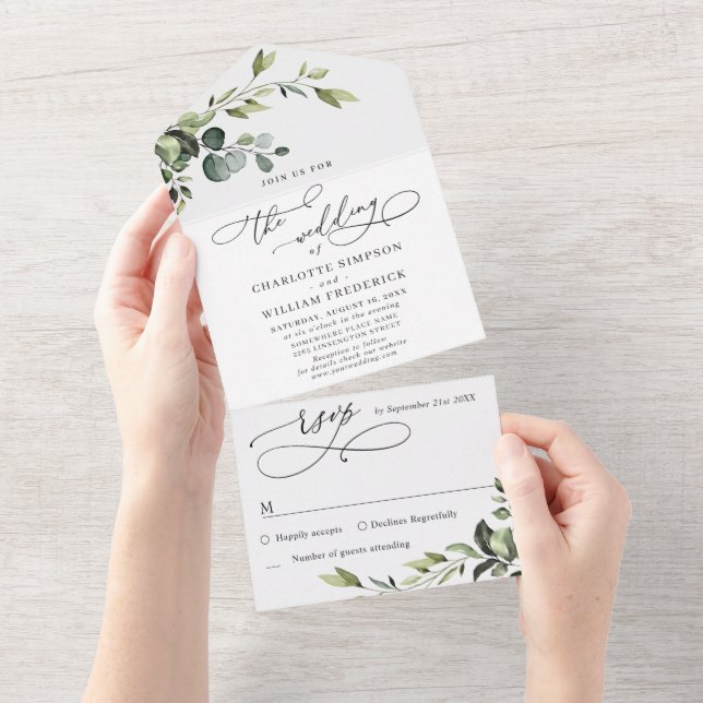 Invitation Tout En Un Elégante aquarelle Eucalyptus Mariage vert (Déchirure)