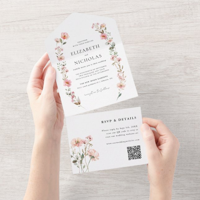 Invitation Tout En Un Elégante aquarelle Fleur sauvage Jardin Mariage (Déchirure)