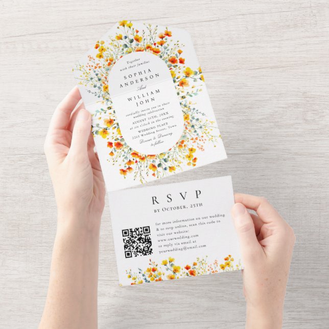Invitation Tout En Un Elégante aquarelle Fleurs sauvages Mariage code QR (Déchirure)