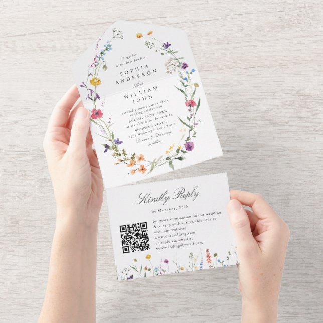 Invitation Tout En Un Elégante aquarelle Fleurs sauvages Mariage floral (Déchirure)