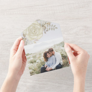 Invitation Tout En Un Elégante aquarelle Floral Ivory Folid Photo