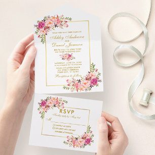 Invitation Tout En Un Elégante aquarelle Floral Rose Blush Gold